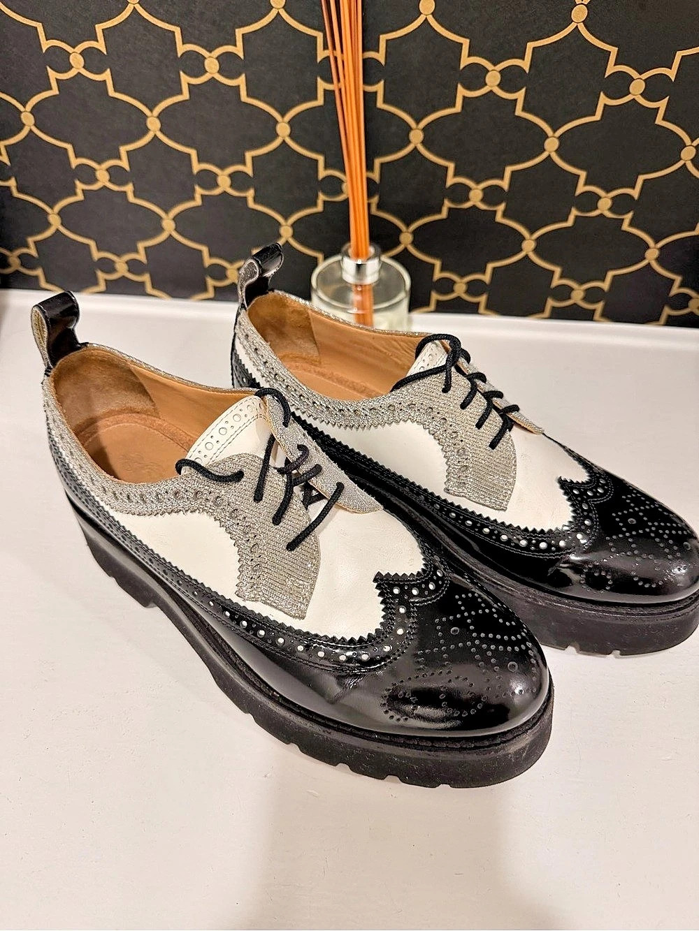 The Office of Angela Scott Miss Lucy Wingtip Platform Derby Black & White